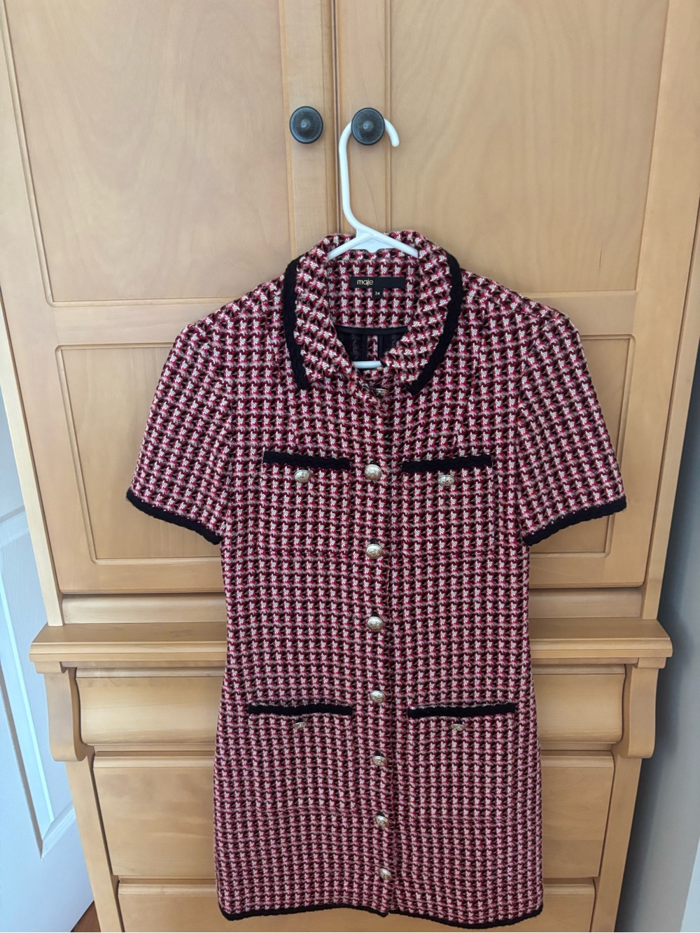 Maje Pink and Black Tweed Short-Sleeve Blazer Dress